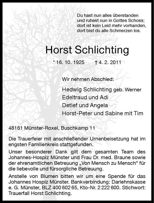  Traueranzeige für Horst Schlichting vom 12.02.2011 aus Westfälische Nachrichten
