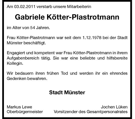  Traueranzeige für Gabriele Kötter-Plastrotmann vom 12.02.2011 aus Westfälische Nachrichten