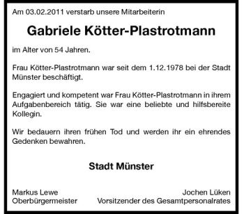 Anzeige von Gabriele Kötter-Plastrotmann von Westfälische Nachrichten
