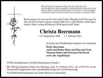 Anzeige von Christa Beermann von Westfälische Nachrichten
