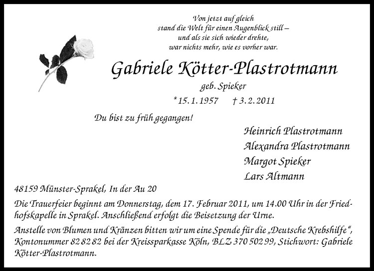  Traueranzeige für Gabriele Kötter-Plastrotmann vom 12.02.2011 aus Westfälische Nachrichten