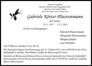 Anzeige von Gabriele Kötter-Plastrotmann von Westfälische Nachrichten