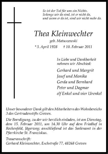 Anzeige von Thea Kleinwechter von Westfälische Nachrichten