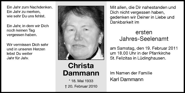  Traueranzeige für Christa Damann vom 12.02.2011 aus Westfälische Nachrichten