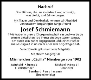 Anzeige von Josef Schmiemann von Westfälische Nachrichten