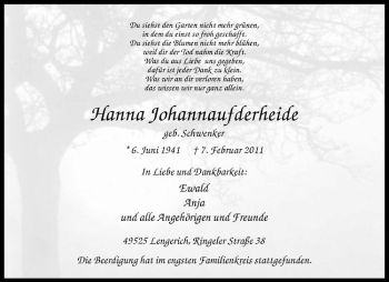 Anzeige von Hanna Johannaufderheide von Westfälische Nachrichten