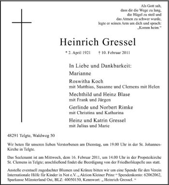 Anzeige von Heinrich Gressel von Westfälische Nachrichten