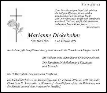 Anzeige von Marianne Dickebohm von Westfälische Nachrichten