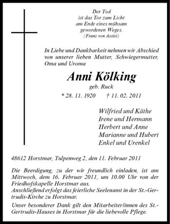 Anzeige von Anni Kölking von Westfälische Nachrichten