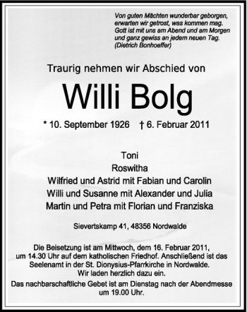 Anzeige von Willi Bolg von Westfälische Nachrichten