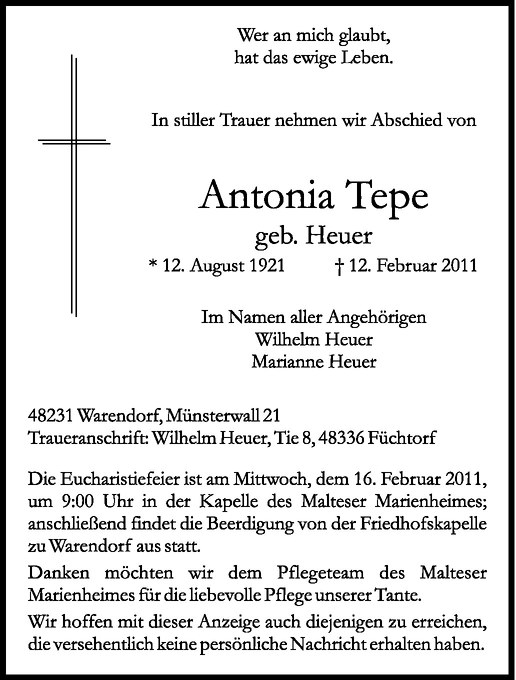  Traueranzeige für Antonia Tepe vom 14.02.2011 aus Westfälische Nachrichten
