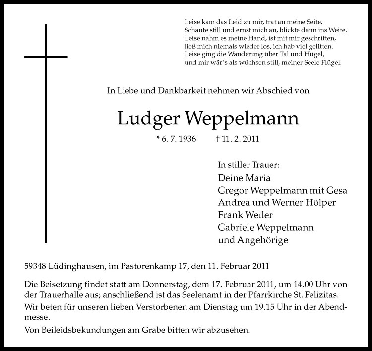 Traueranzeige für Ludger Weppelmann vom 14.02.2011 aus Westfälische Nachrichten