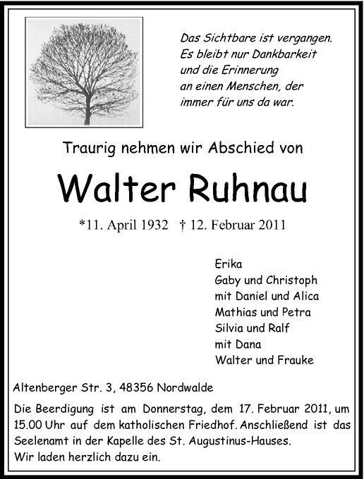  Traueranzeige für Walter Ruhnau vom 14.02.2011 aus Westfälische Nachrichten