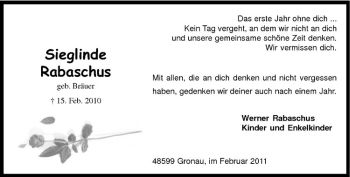 Anzeige von Siegline Rabaschus von Westfälische Nachrichten