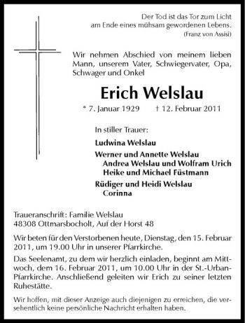 Anzeige von Erich Welsau von Westfälische Nachrichten