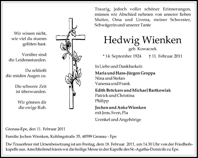  Traueranzeige für Hedwig Wienken vom 15.02.2011 aus Westfälische Nachrichten