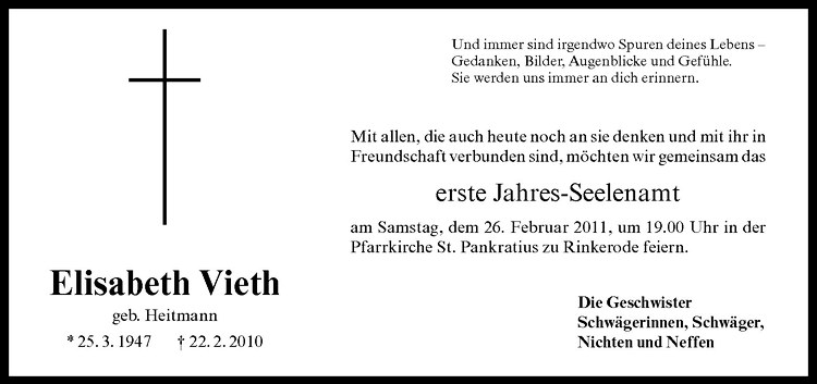  Traueranzeige für Elisabeth Vieth vom 19.02.2011 aus Westfälische Nachrichten