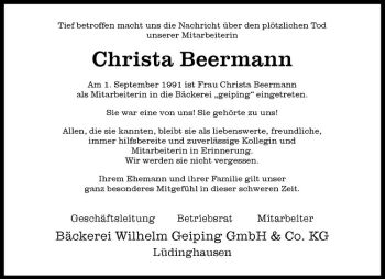 Anzeige von Christa Beermann von Westfälische Nachrichten