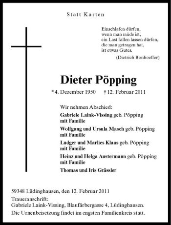 Anzeige von Dieter Pöpping von Westfälische Nachrichten