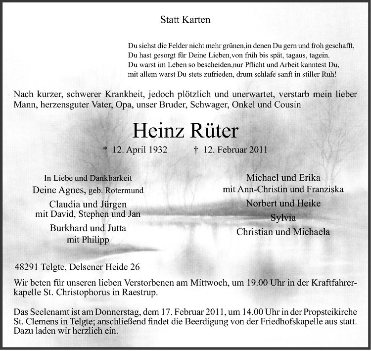  Traueranzeige für Heinz Rüter vom 16.02.2011 aus Westfälische Nachrichten