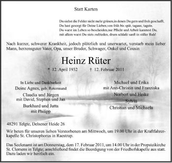 Anzeige von Heinz Rüter von Westfälische Nachrichten