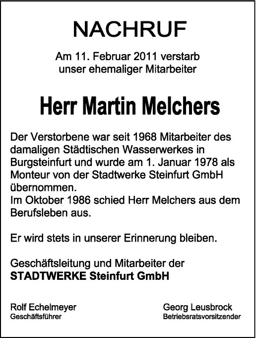  Traueranzeige für Martin Melchers vom 18.02.2011 aus Westfälische Nachrichten