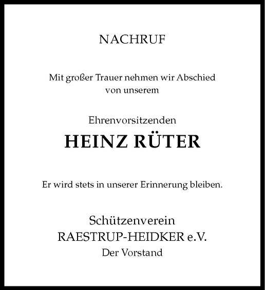  Traueranzeige für Heinz Rüter vom 16.02.2011 aus Westfälische Nachrichten