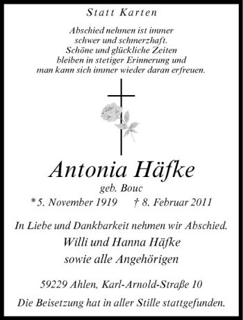 Anzeige von Antonia Häfke von Westfälische Nachrichten