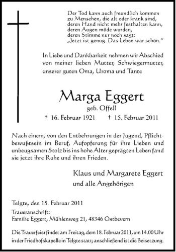 Anzeige von Marga Eggert von Westfälische Nachrichten