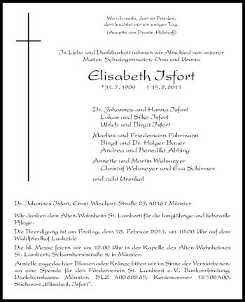 Anzeige von Elisabeth Isfort von Westfälische Nachrichten