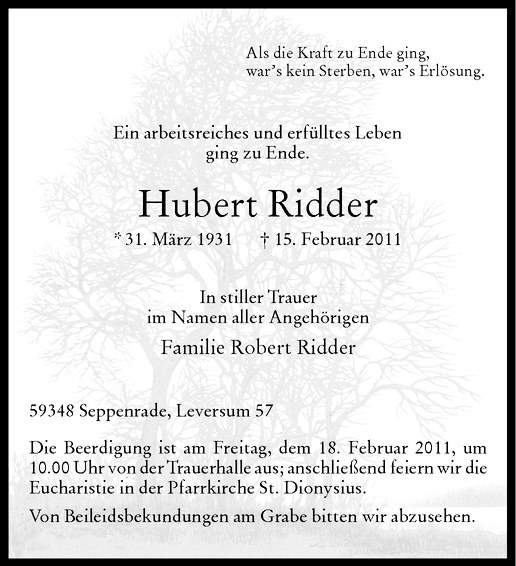  Traueranzeige für Hubert Ridder vom 17.02.2011 aus Westfälische Nachrichten