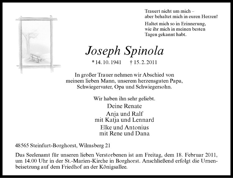  Traueranzeige für Josepha Spinola vom 17.02.2011 aus Westfälische Nachrichten