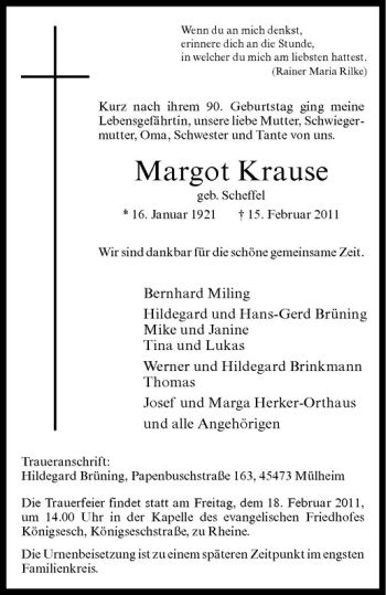 Anzeige von Margot Krause von Westfälische Nachrichten