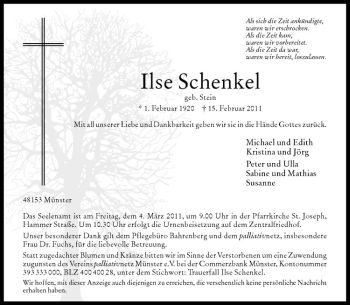 Anzeige von Ilse Schenkel von Westfälische Nachrichten