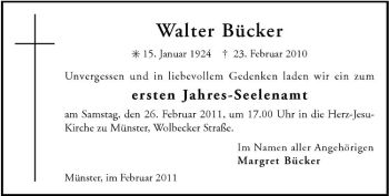 Anzeige von Walter und Margarethe Bücker von Westfälische Nachrichten
