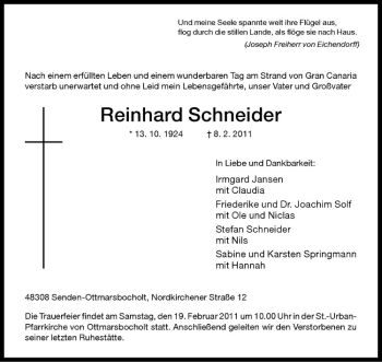Anzeige von Reinhard Schneider von Westfälische Nachrichten