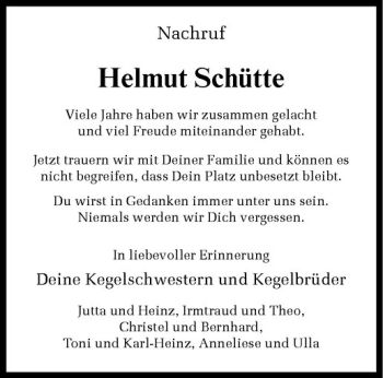 Anzeige von Helmut Schütte von Westfälische Nachrichten