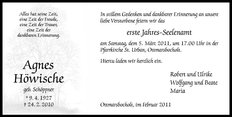  Traueranzeige für Agnes Höwische vom 26.02.2011 aus Westfälische Nachrichten