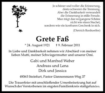 Anzeige von Grete Faß von Westfälische Nachrichten