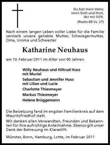 Anzeige von Katharine Neuhaus von Westfälische Nachrichten