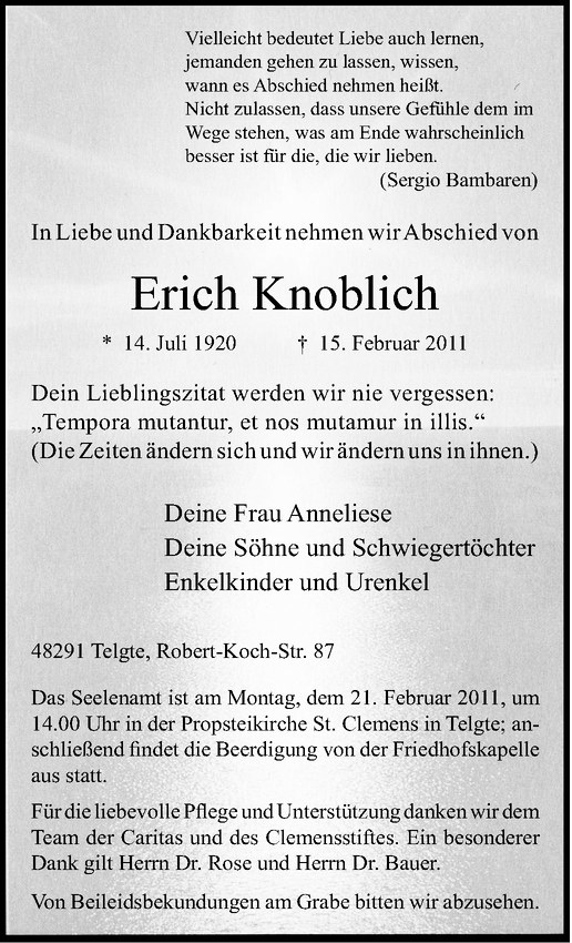  Traueranzeige für Erich Knoblich vom 18.02.2011 aus Westfälische Nachrichten
