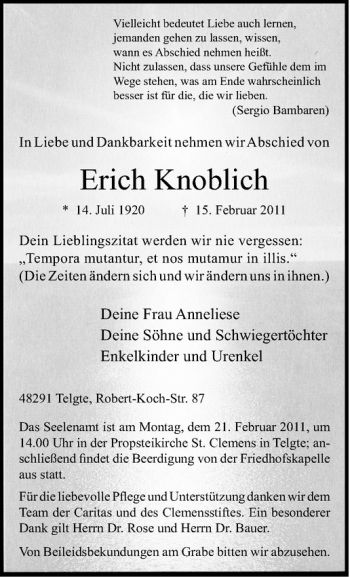 Anzeige von Erich Knoblich von Westfälische Nachrichten