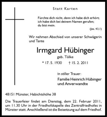 Anzeige von Irmgard Hübinger von Westfälische Nachrichten