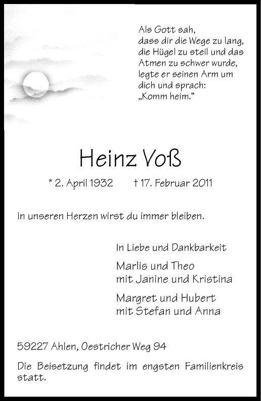  Traueranzeige für Heinz Voß vom 19.02.2011 aus Westfälische Nachrichten