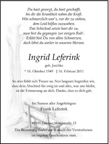 Anzeige von Ingrid Leferink von Westfälische Nachrichten