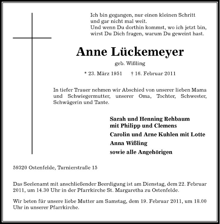  Traueranzeige für Anne Lückemeyer vom 19.02.2011 aus Westfälische Nachrichten
