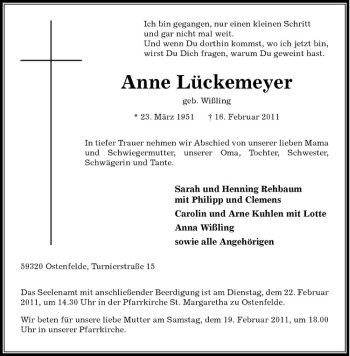 Anzeige von Anne Lückemeyer von Westfälische Nachrichten