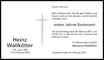 Anzeige von Heinz Wallkötter von Westfälische Nachrichten