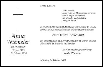 Anzeige von Anna Wiemeler von Westfälische Nachrichten