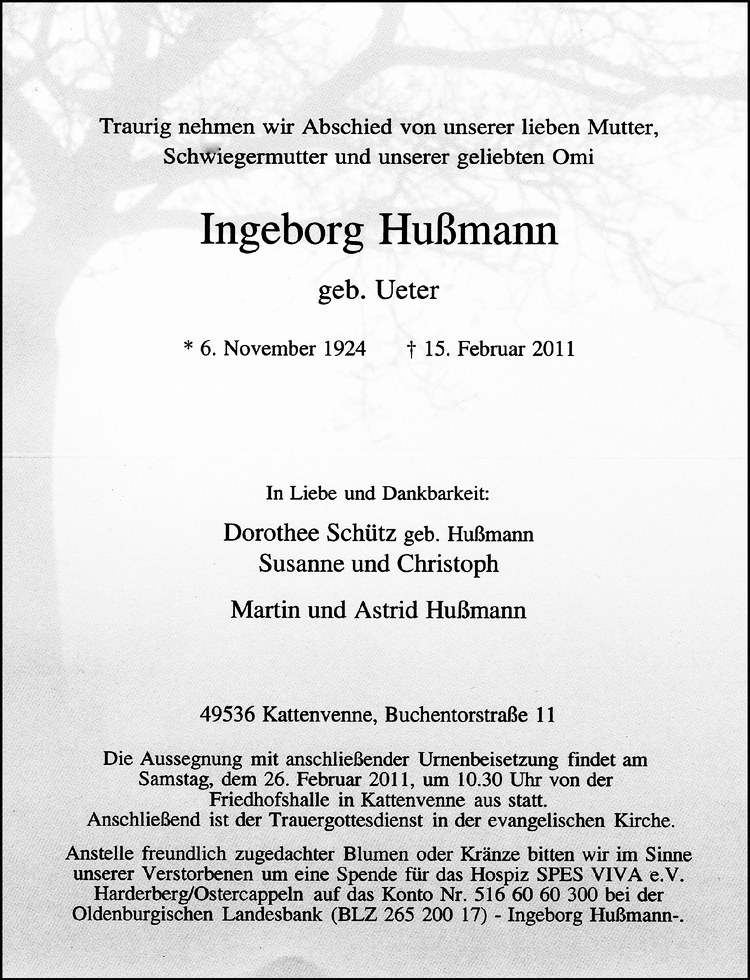  Traueranzeige für Ingeborg Hußmann vom 19.02.2011 aus Westfälische Nachrichten